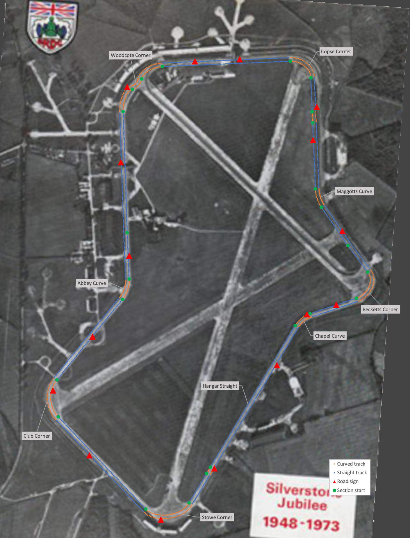 The Silverstone track in Revs, superimposed over a satellite image of the track